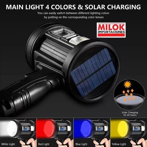 Foco Luz Led Recargable Panel Solar Filtros Linterna Milok