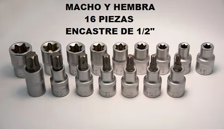 Juego dado torx macho y hembra encastre 1/2” 16 piezas 
