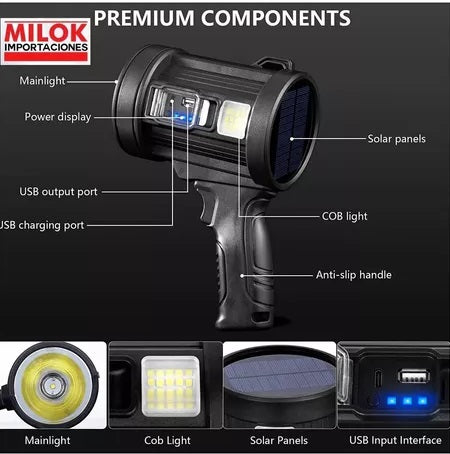 Foco Luz Led Recargable Panel Solar Filtros Linterna Milok