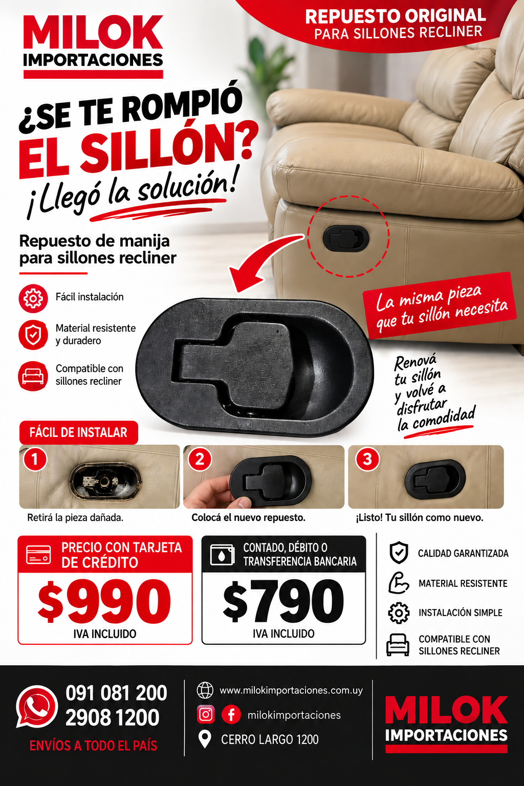 Repuesto manija para sillón recliner.